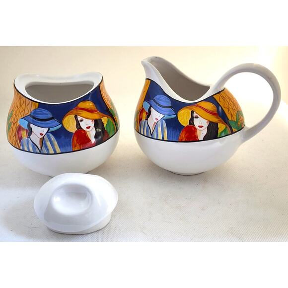 Creamer and Sugar Bowl with Lid Set-Sango-"Cafe Paris"-White-Multicolor Design - Picture 3 of 10